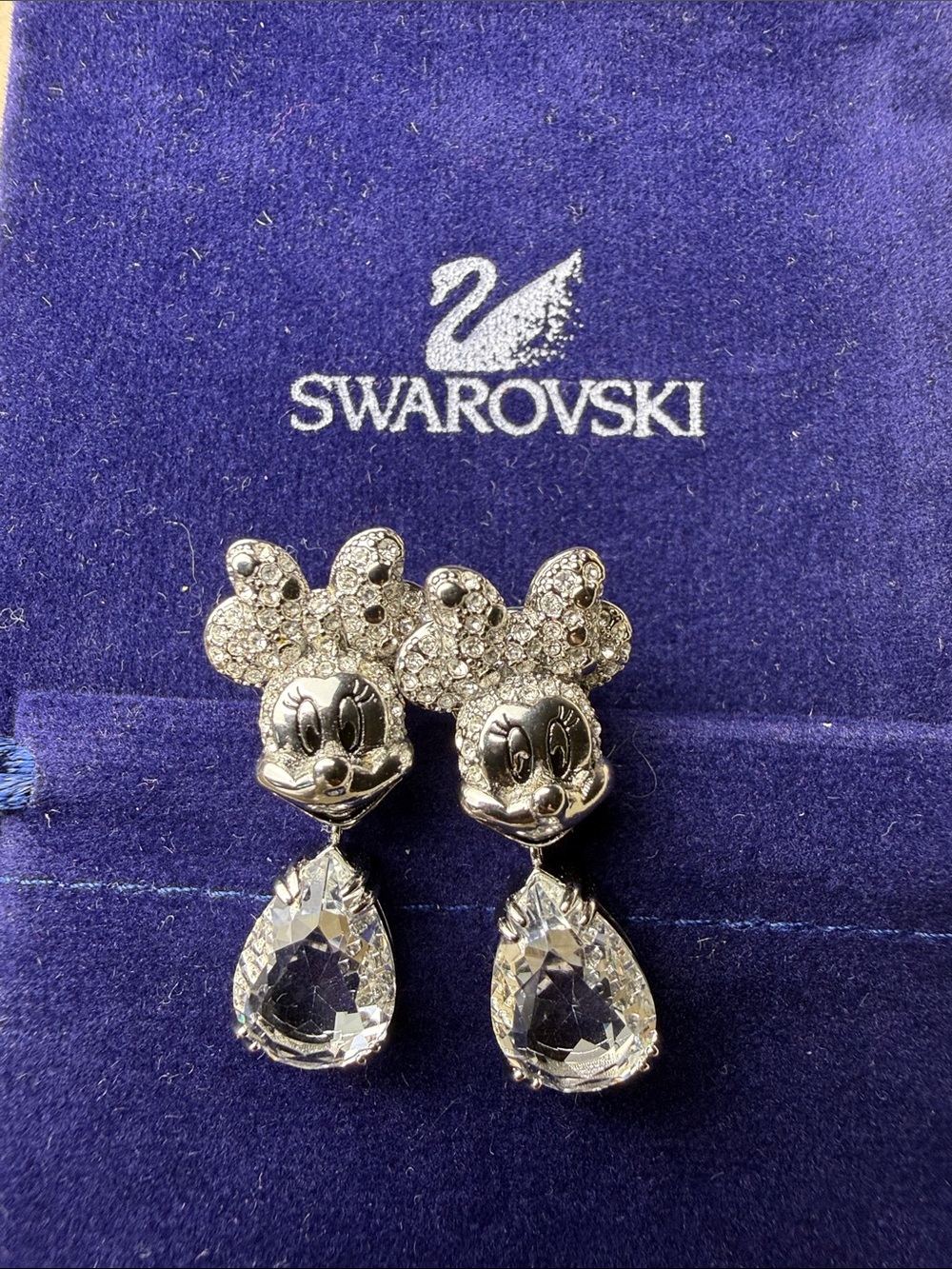 Swarovski Silver Minnie Mouse Crystal Drop Earrings - Clear Teardrops